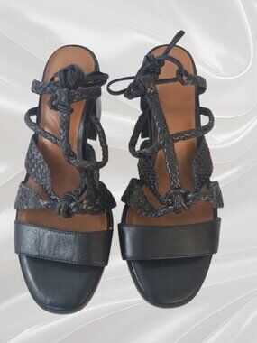 H by Halston Piper Women's Black Leather Braided Ankle Tie Sandals, Size 8.5M